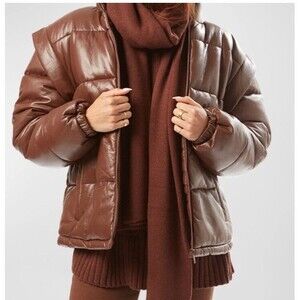 WeWoreWhat Puffer Jacket Snap Off Sleeve Matte Faux Leather Cacoa Brown Sz S NWT